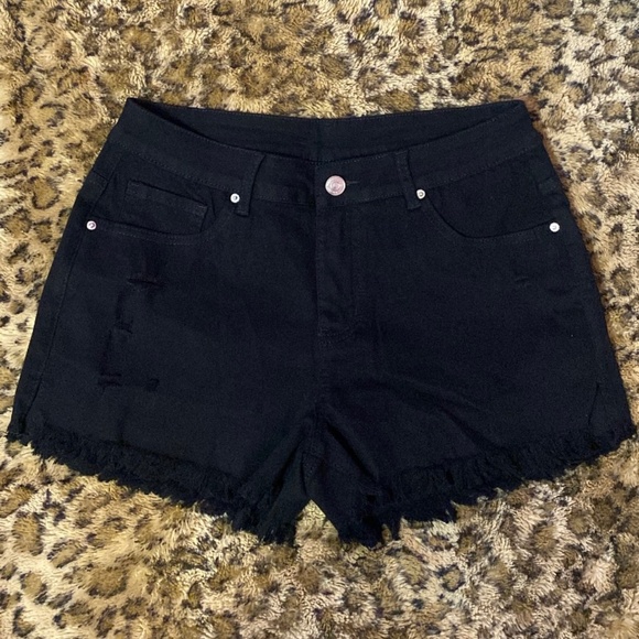Mid Rise Black Denim Distressed Shorts - Picture 1 of 7